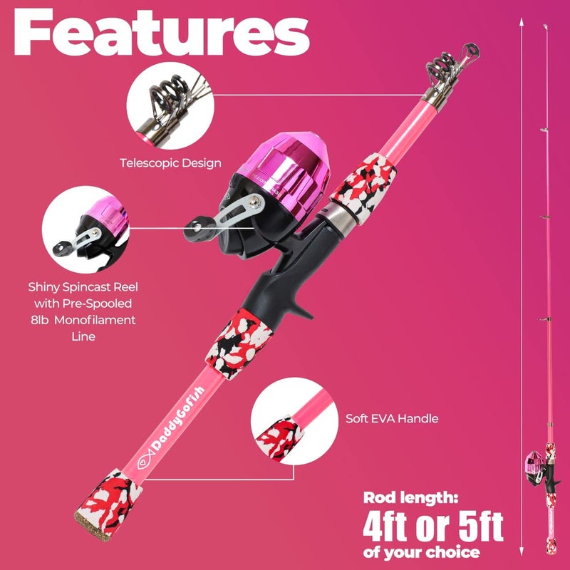 DaddyGoFish Kids Fishing Pole - Rod Reel Combo Tackle Box Starter Set - First Year Small Dock Gear Kit for Boys Girls Toddler Youth Age Beginner Little Children Junior Anglers (Pink, 5ft) - Image 3